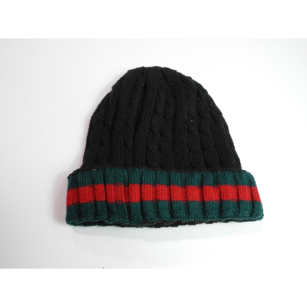 Knit Beanie Hat Cap Black Green Red Stripe Ribbed Cuffed Winter Acrylic